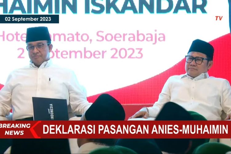 Anies Baswedan dan Muhaimin Iskandar resmi mendeklarasikan diri sebagai bakal calon presiden (capres) dan bakal calon wakil presiden (cawapres) Pemilu 2024, Sabtu (2/9/2023). Deklarasi digelar di Hotel Majapahit, Surabaya, Jawa Timur.