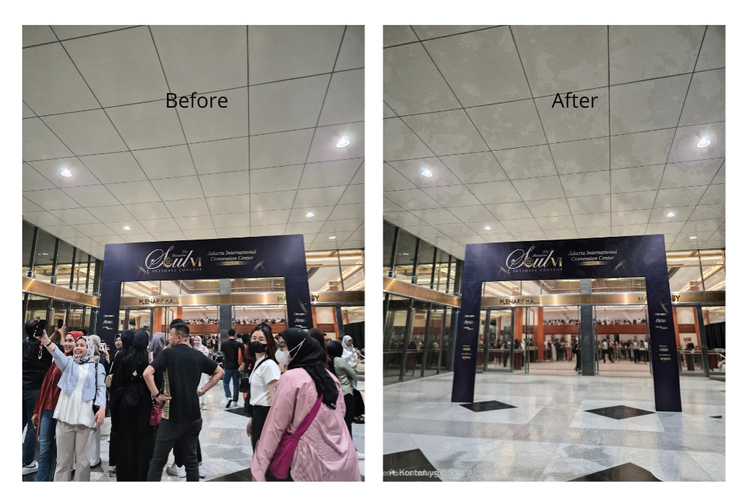 Foto bagian depan pintu masuk venue konser Raisa Symphony of Our Love Concert. Pada kondisi awal (kiri) area tersebut ramai dipenuhi pengunjung yang sedang berlalu lalang dan mengantre. Setelah diedit menggunakan Generative Edit, area tersebut jadi lebih bersih.