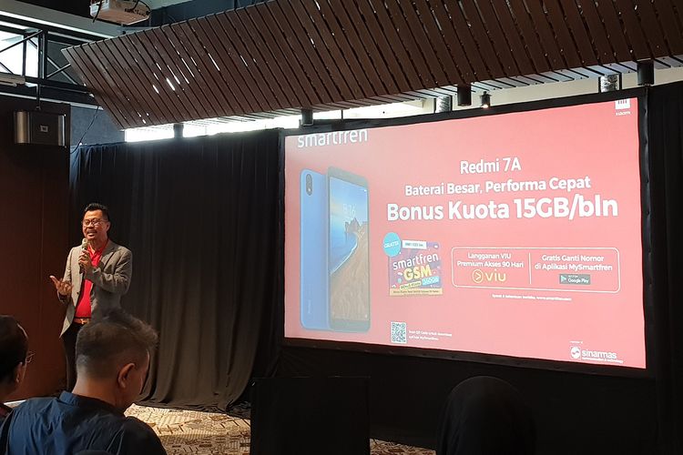Deputy CEO Smartfren Djoko Tata Ibrahim dalam acara peluncuran Xiaomi Redmi 7A di Jakarta, Selasa (6/8/2019). 