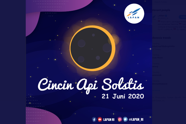 Gerhana Matahari Cincin 21 Juni 2020 bersamaan dengan solstis sehingga dinamakan Cincin Api Solstis.