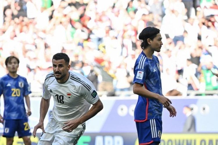Penyerang Irak, Aymen Hussein, berselebrasi seusai mencetak gol dalam lanjutan Piala Asia 2023 antara Irak vs Jepang di Stadion Education City pada 19 Januari 2024. Artikel ini berisi daftar tim lolos 16 besar Piala Asia 2023. 