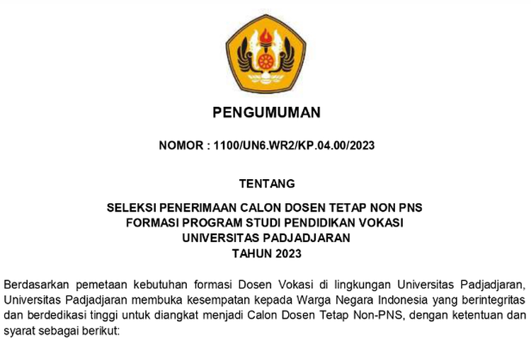 Tangkapan layar pengumuman penerimaan calon dosen tetap di Unpad.