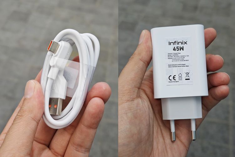 Charger 45 watt dan kabel USB A ke USB C model siku di dalam kemasan Infinix GT 20 Pro