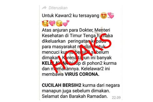 [HOAKS] Kurma Timur Tengah Mengandung Virus Corona dari Kelelawar