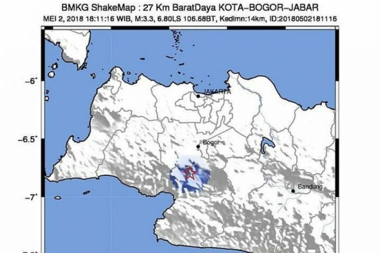 Peta tingkat guncangan (shakemap) yang dirilis Balai Besar Meteorologi Klimatologi dan Geofisika (BBMKG) Wilayah II Tanggerang Selatan menunjukkan gempa bumi tektonik berkekuatan magnitudo 3,3 mengguncang wilayah Gunung Salak, Bogor, Jawa Barat, Rabu (2/5/2018).