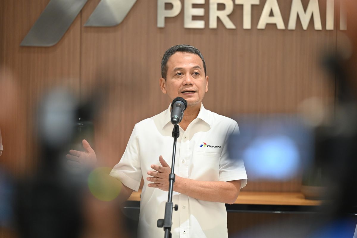 Wakil Direktur Utama Pertamina Wiko Migantoro hadir dalam press conference terkait Kesiapan Satgas Ramadhan dan Idul Fitri 1446 H Pertamina Grup di Graha Pertamina, Kamis (27/3/2025).