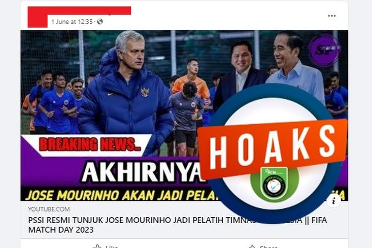 Tangkapan layar Facebook narasi yang menyebut Jose Mourinho resmi menjadi pelatih Timnas Indonesia