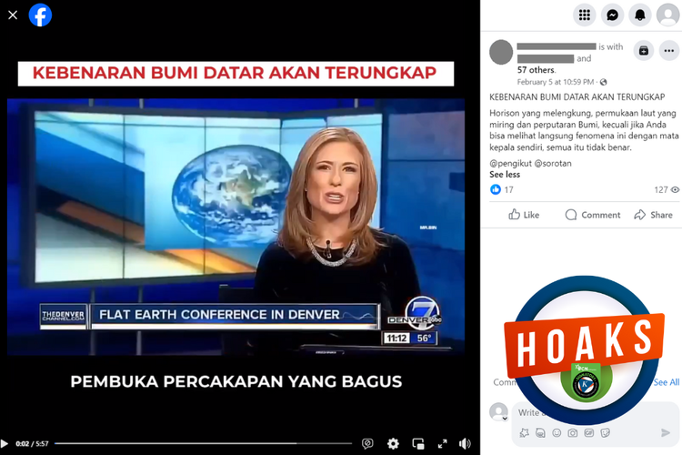 Tangkapan layar konten hoaks di sebuah akun Facebook, 5 Februari 2024, soal kebenaran Bumi datar terungkap.