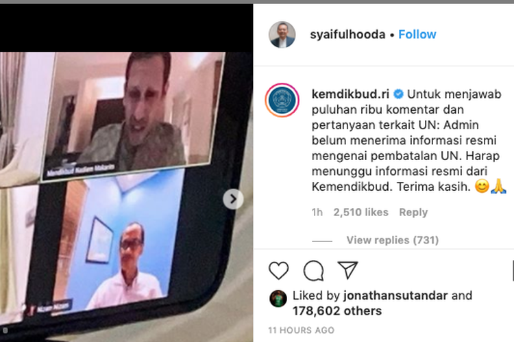 Tangkapan layar akun resmi Instagram Ketua Komisi X, Syaiful Hoda @Syaifulhooda terkait wacana UN ditiadakan di tahun 2020.