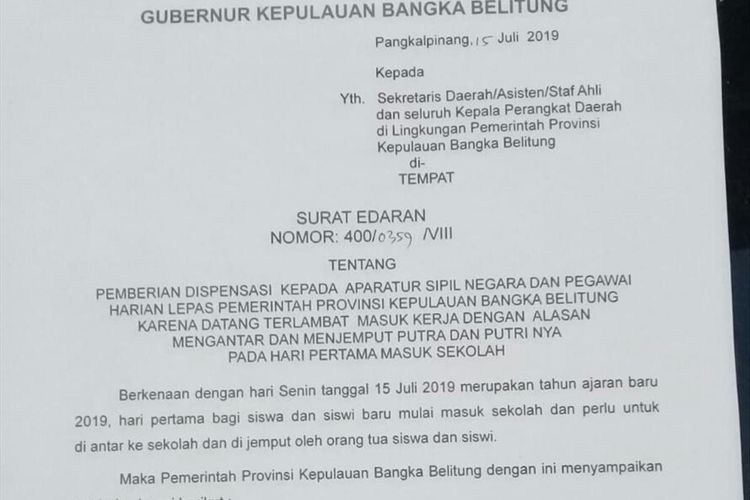 Surat edaran Pemprov Kepulauan Bangka Belitung terkait dispensasi bagi pegawai yang mengantar anak sekolah.