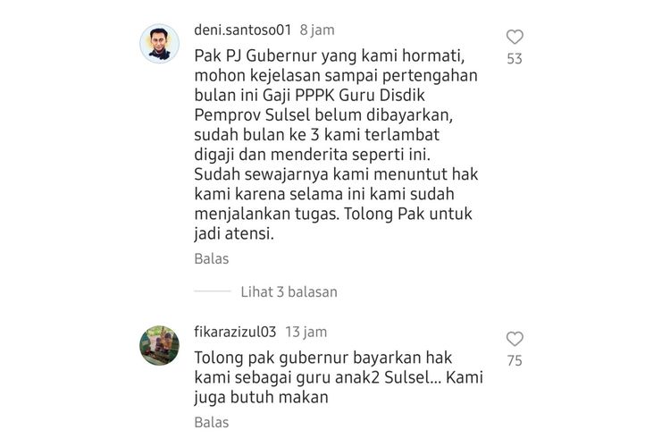 Curhatan netizen mengatasnaman guru PPPK Pemprov Sulsel yang mempertanyakan gajinya belum dibayar di akun instagram Pemprov Sulsel