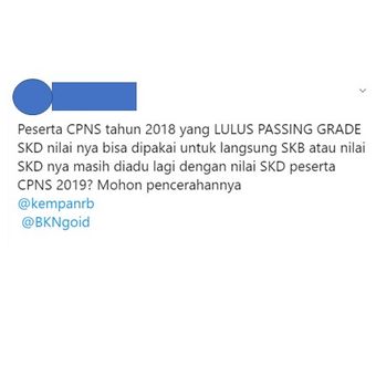Tangkapan layar pertanyaan netizen di media sosial Twitter ke akun resmi BKN mengenai nilai tes CPNS