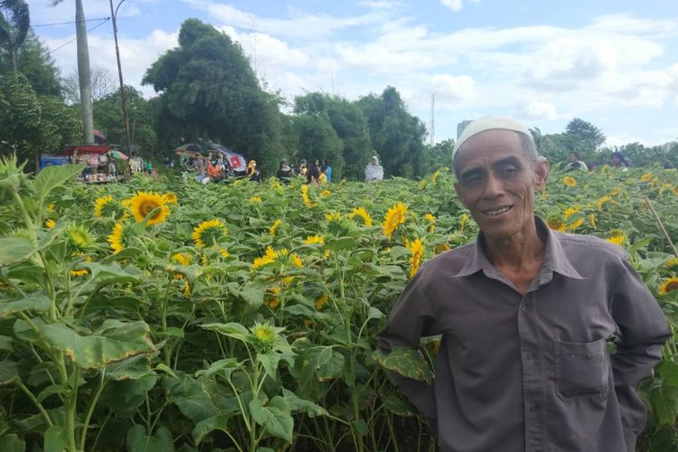 Masyari, pemilik lahan bunga matahari yang viral akibat unggahan foto-foto di media sosial berpose di lahannya sendiri, Pinang, Kota Tangerang (3/1/2019).