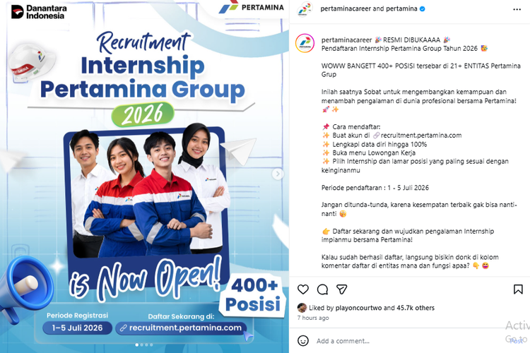 Recruitment Pertamina 2026 Resmi Dibuka, Ada 400 Lebih Lowongan Magang Fresh Graduate