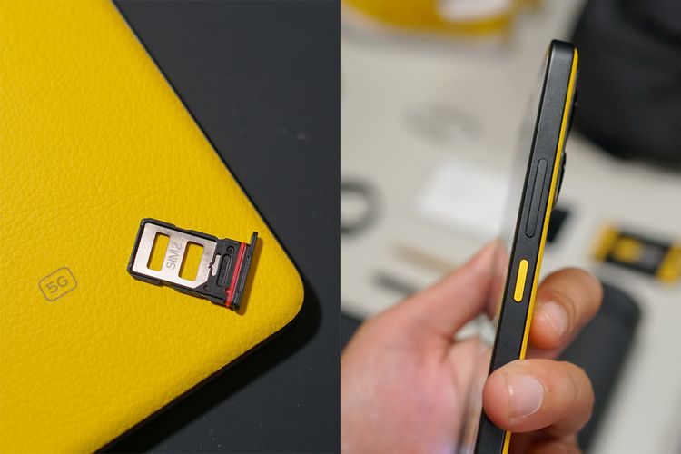 Laci SIM card Poco X6 Pro 5G bisa memuat dua buah kartu nano SIM dalam posisi bolak-balik, tapi tidak ada tempat untuk microSD. Untuk varian yellow, tombol daya di sisi kanan ikut berwarna kuning.