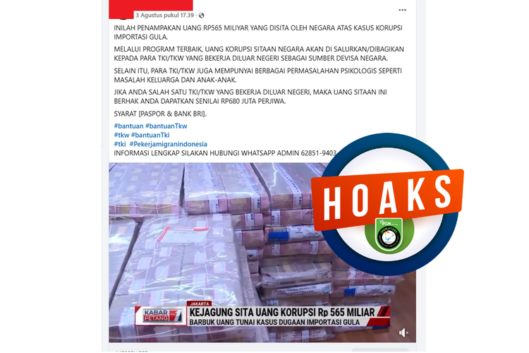 Tangkapan layar Facebook video yang mengeklaim uang sitaan korupsi impor gula Rp 565 miliar akan dibagikan kepada TKI