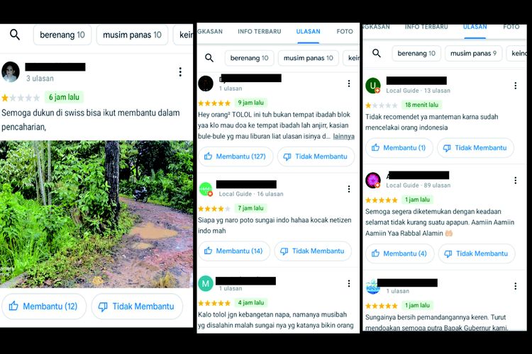 Tangkapan layar perihal warganet Indonesia ramai-ramai serbu review Google Maps Sungai Aare, Swiss terkait hilangnya anak Ridwan Kamil.