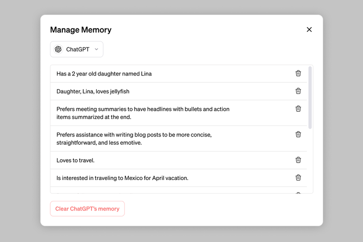 Tampilan fitur baru Memory untuk pengguna ChatGPT berbayar. Fitur Memory ini memungkinkan ChatGPT mengingat preferensi dan informasi penting pengguna untuk membuat respons lebih personal, relevan, dan insightful.