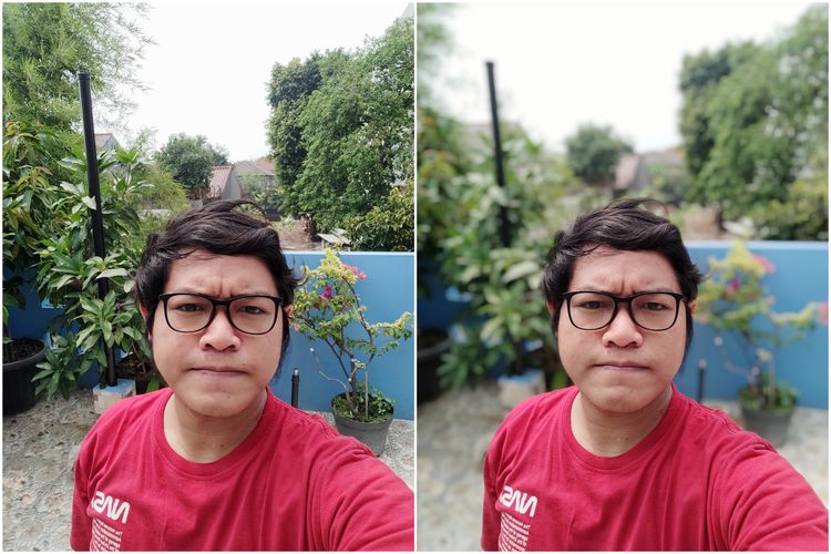 Perbandingan hasil foto selfie Poco F2 Pro mode normal (kiri) dan portrait (kanan). Kamera selfie pop-up 20 MP tampak bisa menjepret foto wajah dengan detail yang cukup bagus, baik mode normal maupun mode bokeh, di kondisi pencahayaan yang cukup.