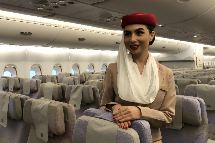 Salah satu awak kabin pesawat Emirates A380 asal Indonesia, Kartika. Pesawat komersial terbesar di dunia itu mendarat di Bali pada Kamis (1/6/2023).