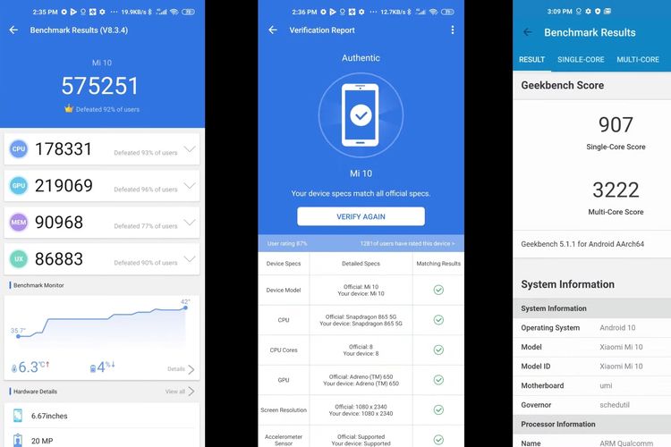 Uji coba hardware Mi 10 di aplikasi Antutu dan Geekbench.