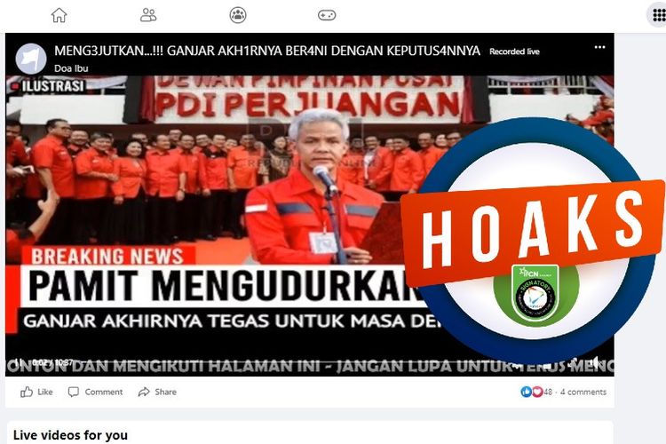 Tangkapan layar Facebook narasi yang menyebut bahwa Ganjar Pranowo mengundurkan diri dari PDI-P