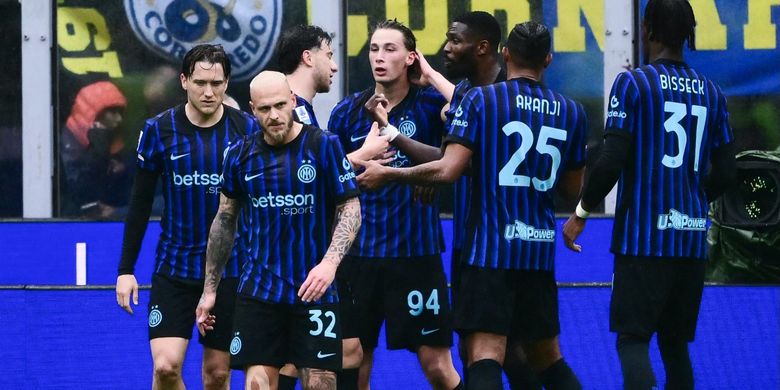 Momen selebrasi gol Francesco Pio Esposito dalam partai pekan ke-29 Liga Italia 2025-2026 Inter Milan vs Atalanta di Stadion Giuseppe Meazza, 14 Maret 2026.