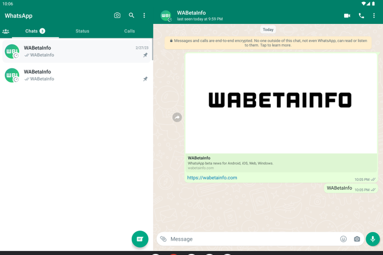 ilustrasi tampilan dual panel di WhatsApp tablet Android