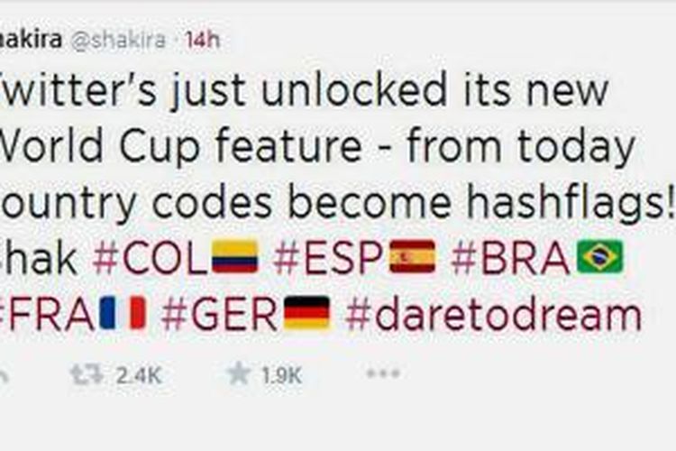Tweet yang ditulis Shakira yang berisi hashflags beberapa negara peserta Piala Dunia 2014.