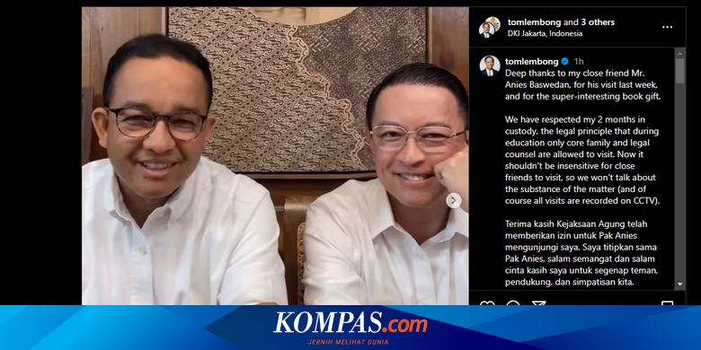 Tom Lembong Berterima Kasih Dikunjungi Anies, Sebut Tak Bahas Kasusnya