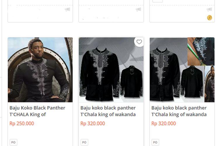 Sejumlah pelapak yang menawarkan pakaian koko ala Black Panther di situs Tokopedia.