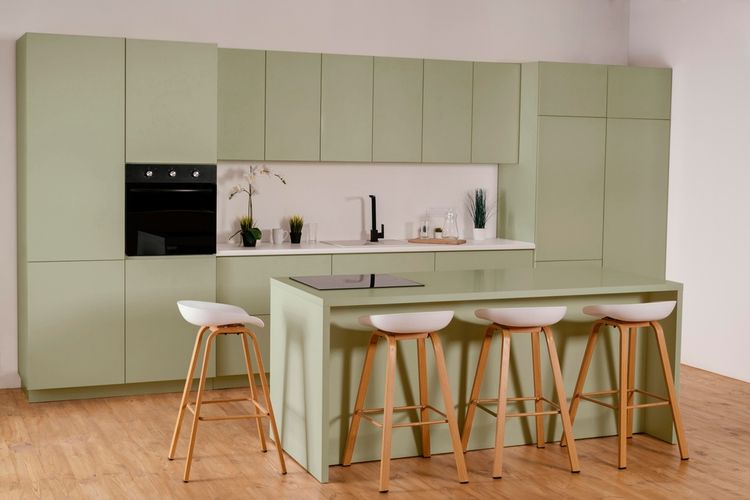 Ilustrasi kabinet dapur berwarna sage green, ilustrasi dapur.
