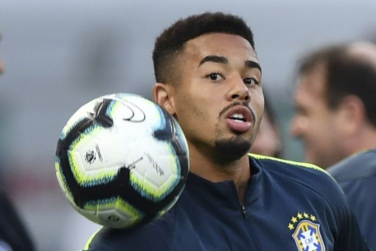 Gabriel jesus menjalani latihan jelang laga Peru vs Brasil di Sao Paulo, 21 Juni 2019. 