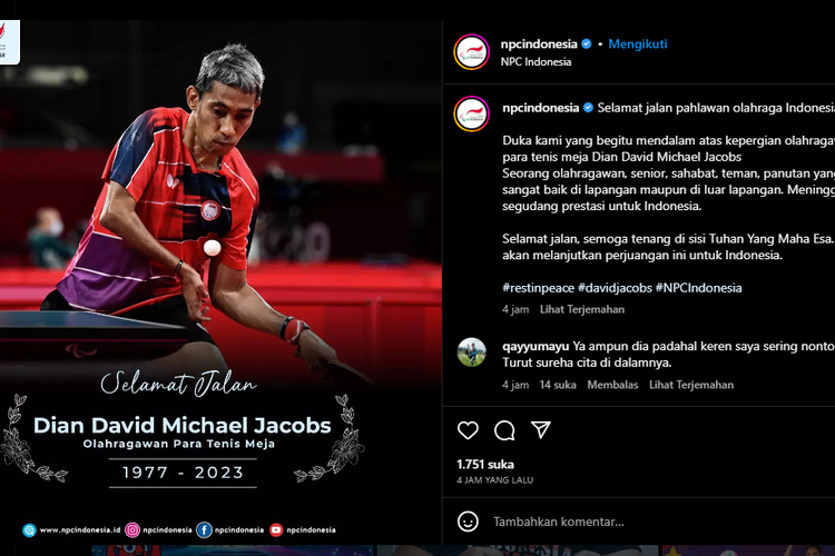 David Jacobs atlet paratenis meja Indonesia meninggal dunia Jumat (28/4/2023).
