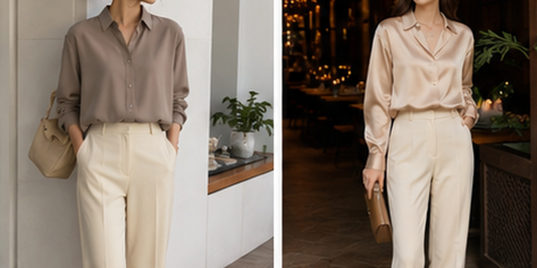 Inspirasi warna baju yang cocok dengan celana ivory, mulai dari nuansa netral, earth tone, hingga pastel agar outfit terlihat elegan.