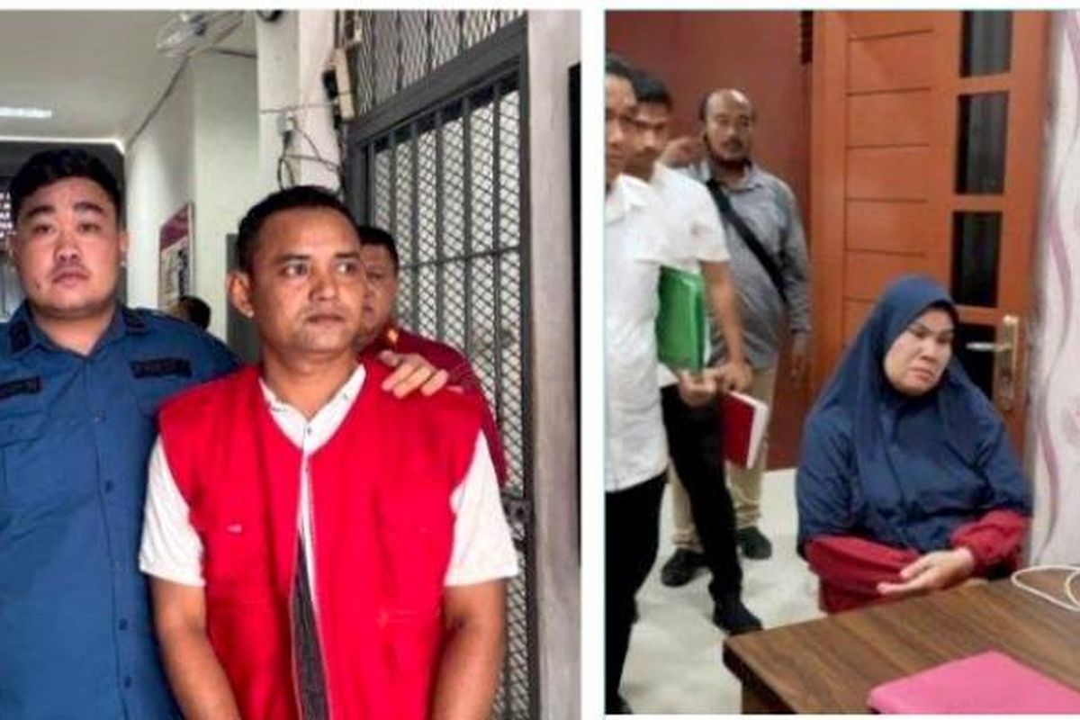 Arisandi (kiri) Kepala Desa Tanjung Garbus II, Kecamatan Pagar Merbau, dan Elisdawani Siregar (kanan) eks Kepala Desa Naga Timbul, Kecamatan Tanjung Morawa periode 2016-2022, saat jalani proses hukum dan hendak ditahan penyidik beberapa waktu lalu. Saat ini keduanya telah divonis Pengadilan Tipikor Medan. 