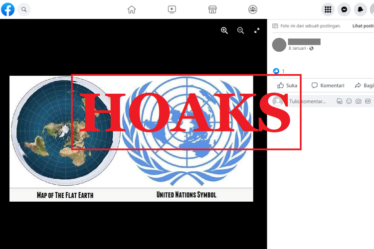 Tangkapan layar unggahan dengan narasi hoaks di sebuah akun Facebook, 6 Januari 2022, soal gambar dan narasi yang menyebut bendera PBB merupakan bukti Bumi datar.