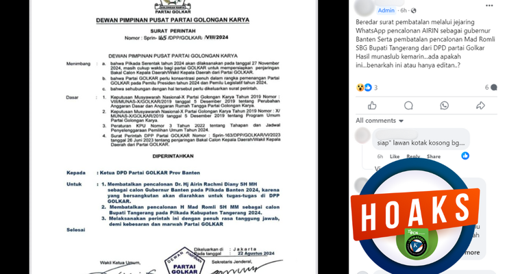 Beredar Unggahan Surat Pembatalan Pencalonan Airin dan Mad Romli, Golkar Sebut Hoaks