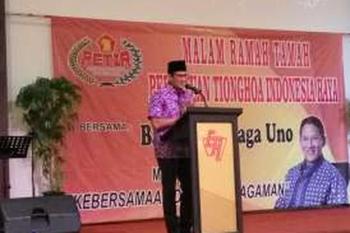 Bakal calin gubernur DKI Jakarta saat memberi sambutan di acara ramah tamah dengab Persatuan Tionghoa Indonesia Raya (Petir) di Kawasan Gajah Mada, Jakarta Pusat pada Jumat (24/6/2016) malam. 