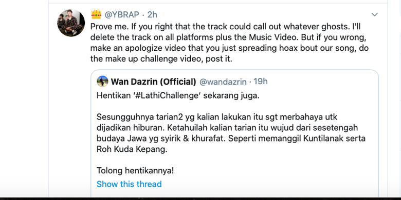 Personel Weird Genius Reza Oktovian alias Reza Arap menanggapi twit tokoh agama dari Malaysia, Wan Dazrin, yang meyebut Lathi Challenge adalah ritual memanggil setan.