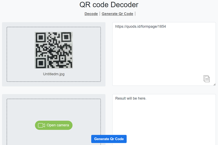 Tangkapan layar QR Code Decoder, menampilkan hasil pencarian dari stiker kode batang yang beredar di pintu dan ruas tol.