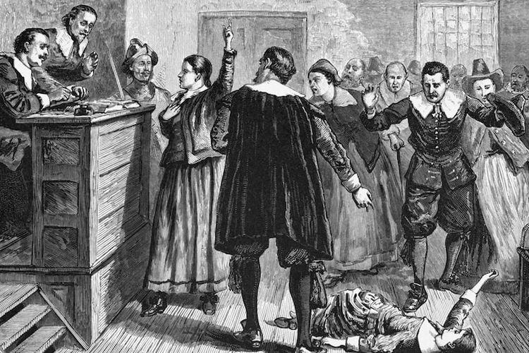Sebuah ilustrasi dari tahun 1876 yang menggambarkan pengadilan penyihir di Salem, Massachusetts, pada tahun 1600-an.