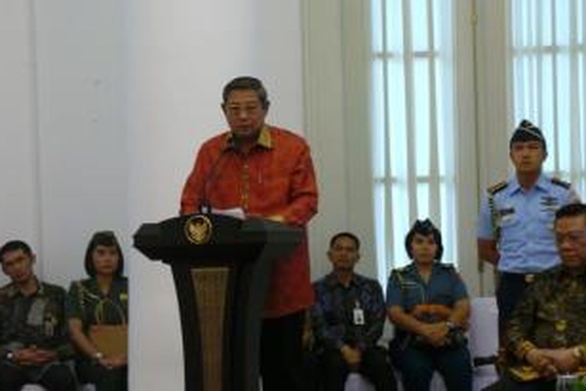 Presiden Susilo Bambang Yudhoyono menyampaikan sambutan pada peluncuran BPJS kesehatan dan ketenagakerjaan di Istana Bogor, Selasa (31/12/2013).