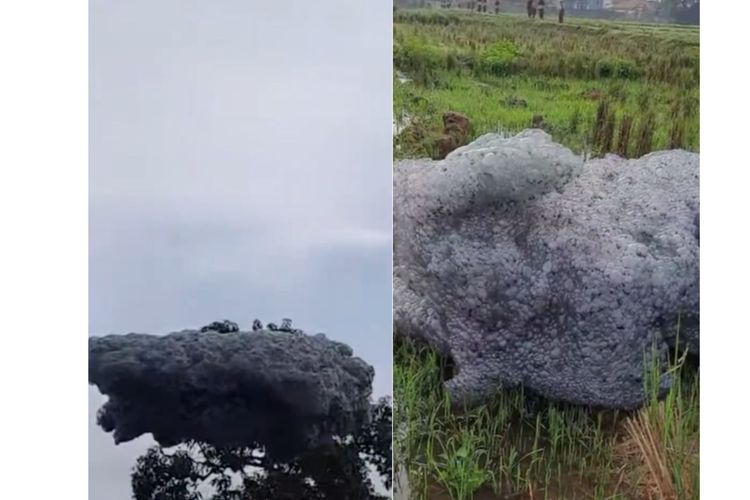 Tangkapan layar video ketika gumpalan hitam diduga busa yang menyerupai awan muncul di Subang, Jawa Barat pada Jumat (24/10/2025).