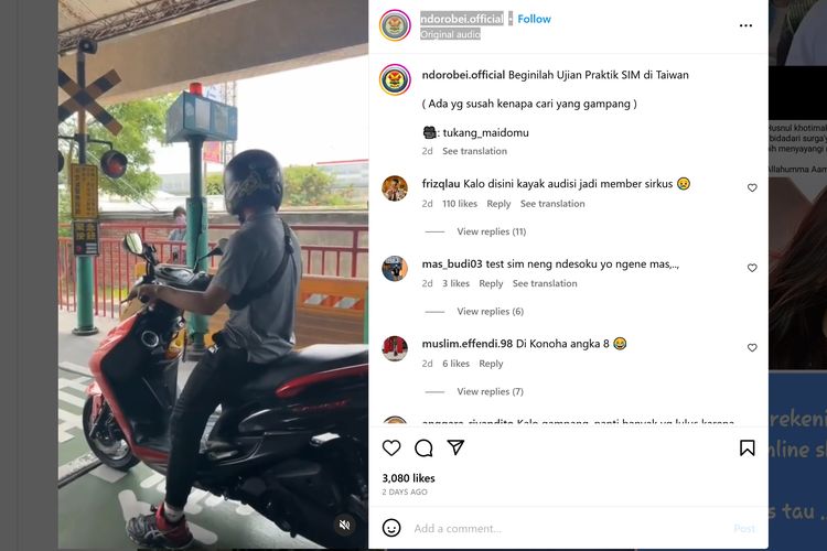 Video viral memperlihatkan ujian praktik SIM sepeda motor di Taiwan. Video tersebut langsung banyak dikomentari netizen dan dibanding-bandingkan dengan ujian SIM di Indonesia.
