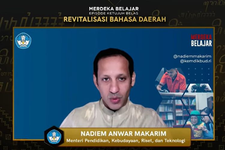 Menteri Pendidikan, Kebudayaan, Riset, dan Teknologi (Mendikbudristek) Nadiem Anwar Makarim meluncurkan Merdeka Belajar Episode 17: Revitalisasi Bahasa Daerah, Selasa (22/2/2022).