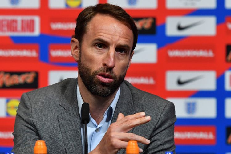 Pelatih Timnas Inggris, Gareth Southgate, memberikan keterangan kepada pers setelah mengumumkan skuat final untuk Piala Dunia 2018, 17 Mei 2018 di Wembley, London.

