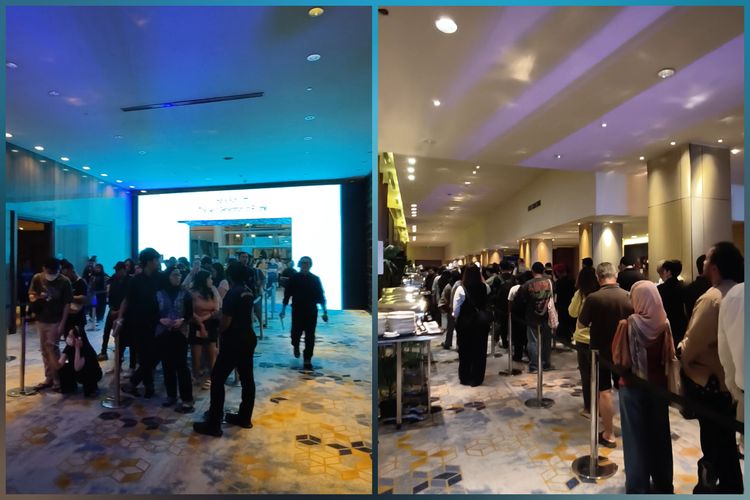 Antrean dekat pintu masuk venue Blibli Midnight Launch 2025 di Pullman Hotel Thamrin CBD, Jakarta Pusat, Kamis (16/10/2025). Gambar kiri menunjukkan anteran setelah pengguna melewati gerbang venue. 