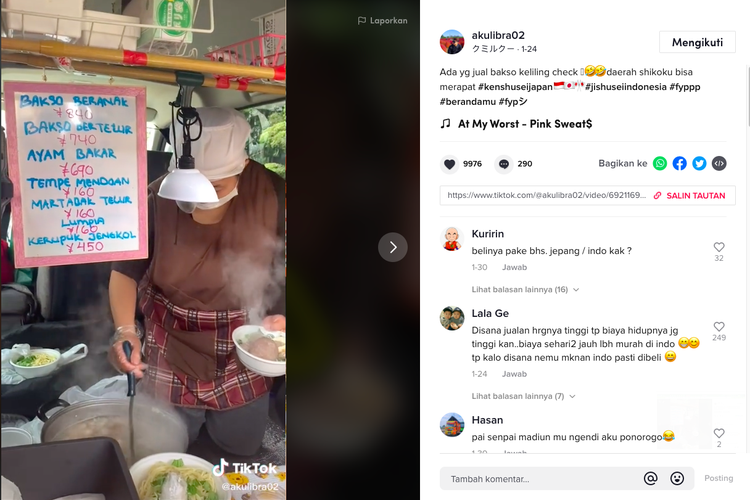 Tangkapan layar unggahan penjual bakso beranak di Jepang fasih berbahasa Jawa