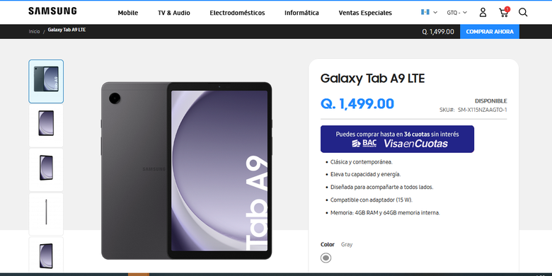 Tangkapan layar situs resmi Samsung Guatemala yang sudah memajang Galaxy Tab A9.